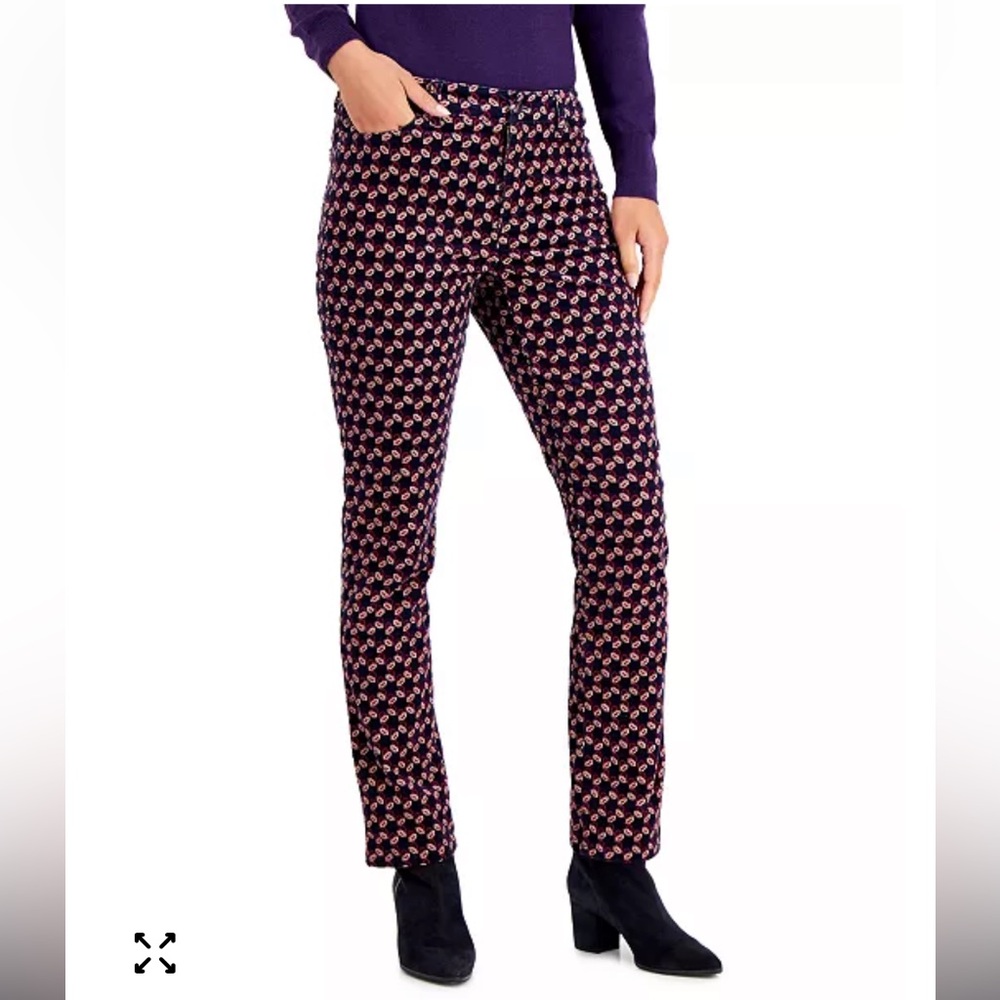 Charter Club Lexington Tummy-Control Corduroy Pants Blue Geometric Print 10